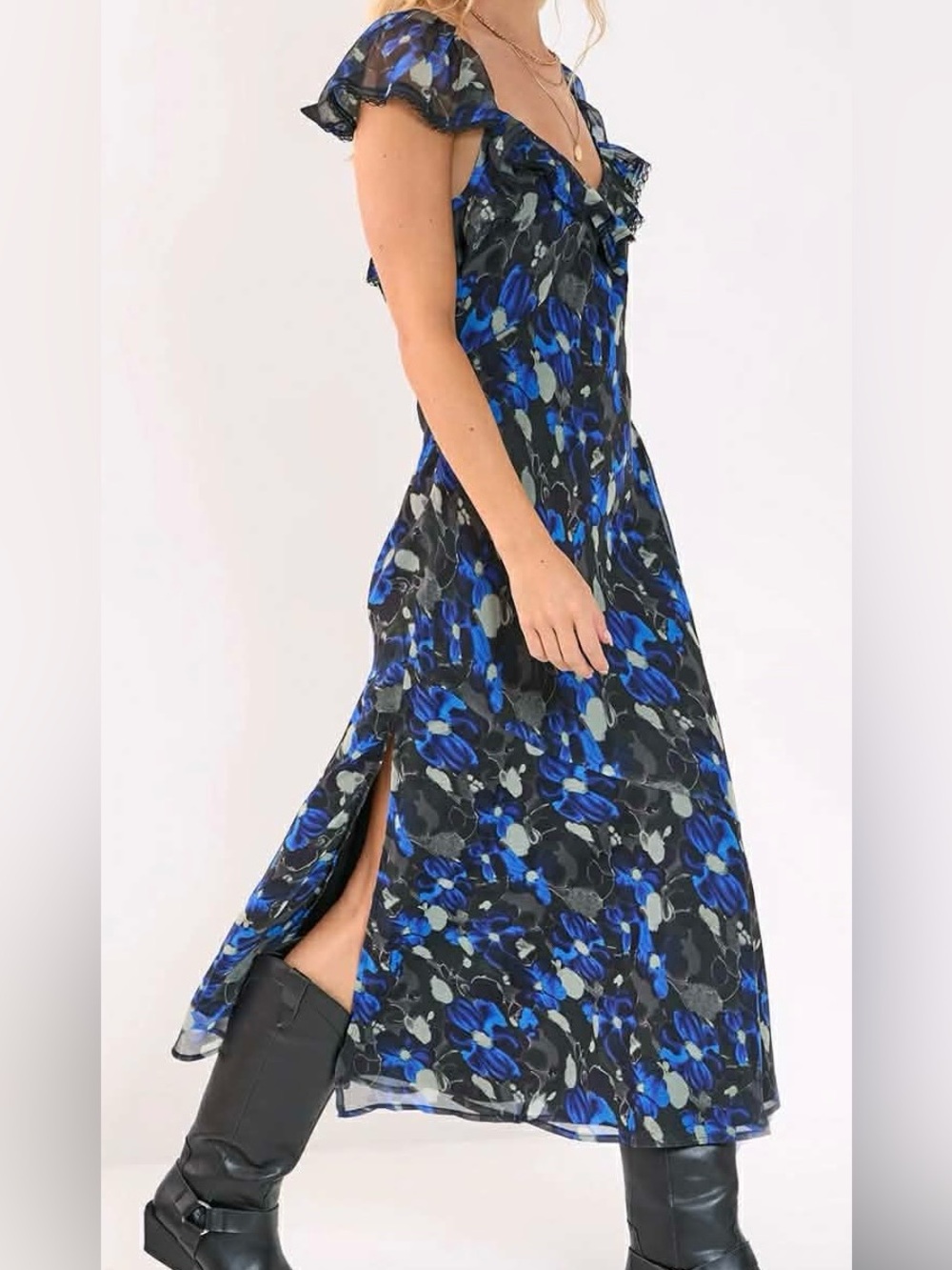 Nasty Gal Blue & Black Floral Maxi Dress size 12 NWT